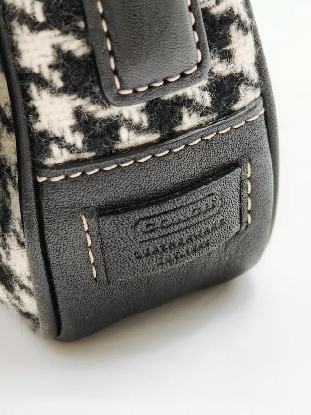 Coach Houndstooth Wool Leather Shoulder Bag Black White Handbag
